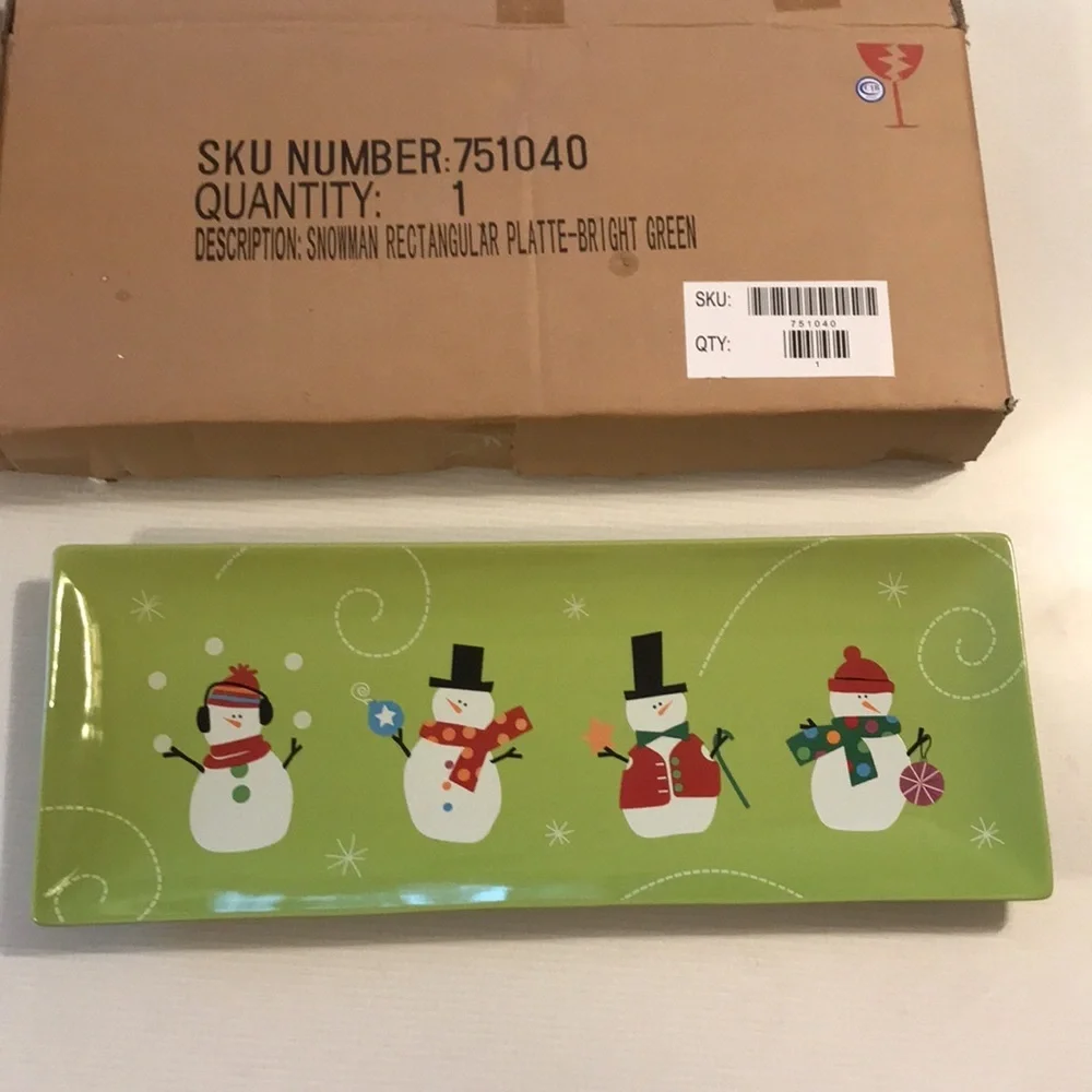 NWT snowman rectangular plate bright green for aperitifs cheese crackers fruit